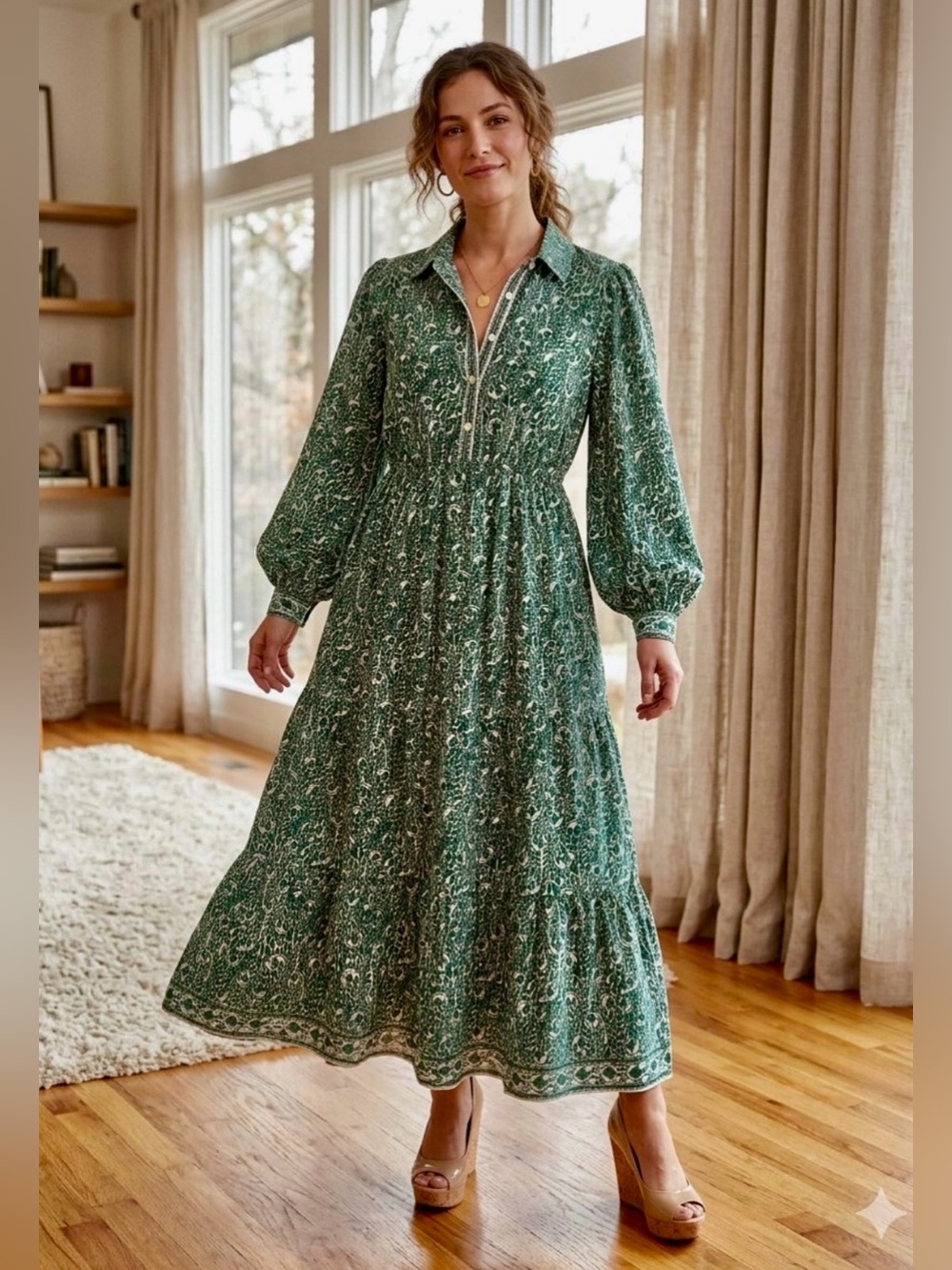 Max Studio Green Floral Button-Front Maxi Dress